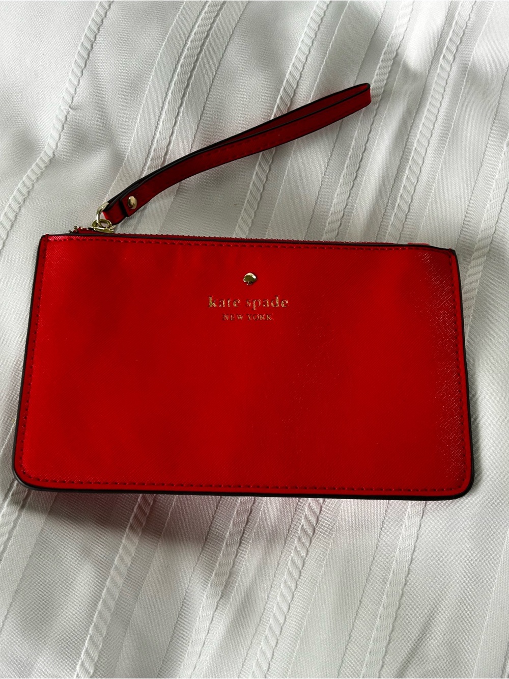 Kate Spade New York Wristlet Red Saffiano Leather Gold Tone Logo Polka Dots